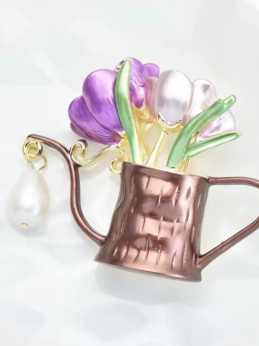 Floral Watering Can Gold Tulip Pearl Cute Chic Brooch